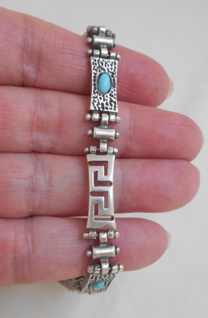 Zilveren vintage armband met turquoise en meander nr.156, Sieraden, Tassen en Uiterlijk, Armbanden, Verzenden, Zo goed als nieuw
