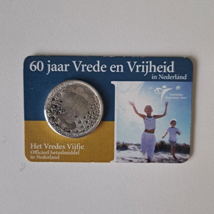Coincard 60 jaar Vrede en Vrijheid - Zilveren 5 euro, Koningin Beatrix, Zilver, Euro's, Ophalen of Verzenden
