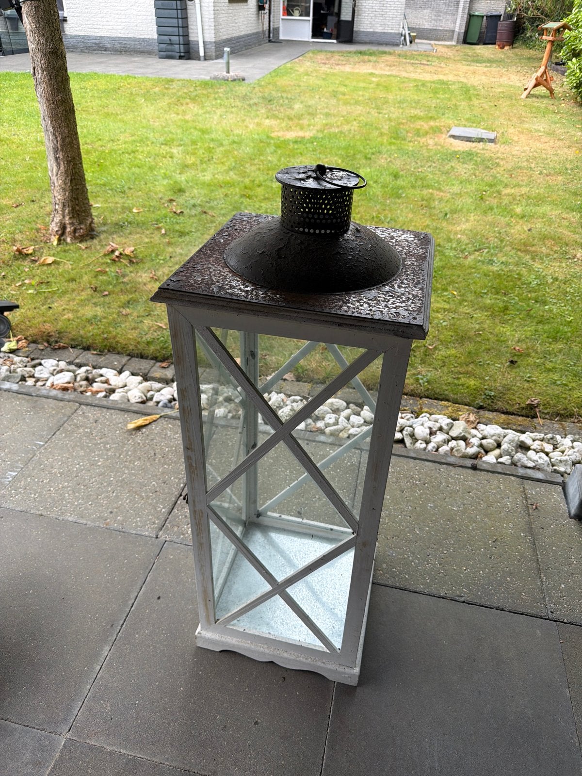 Grote witte houten windlicht met metalen deksel, Ophalen, Hout, Gebruikt, Landelijk