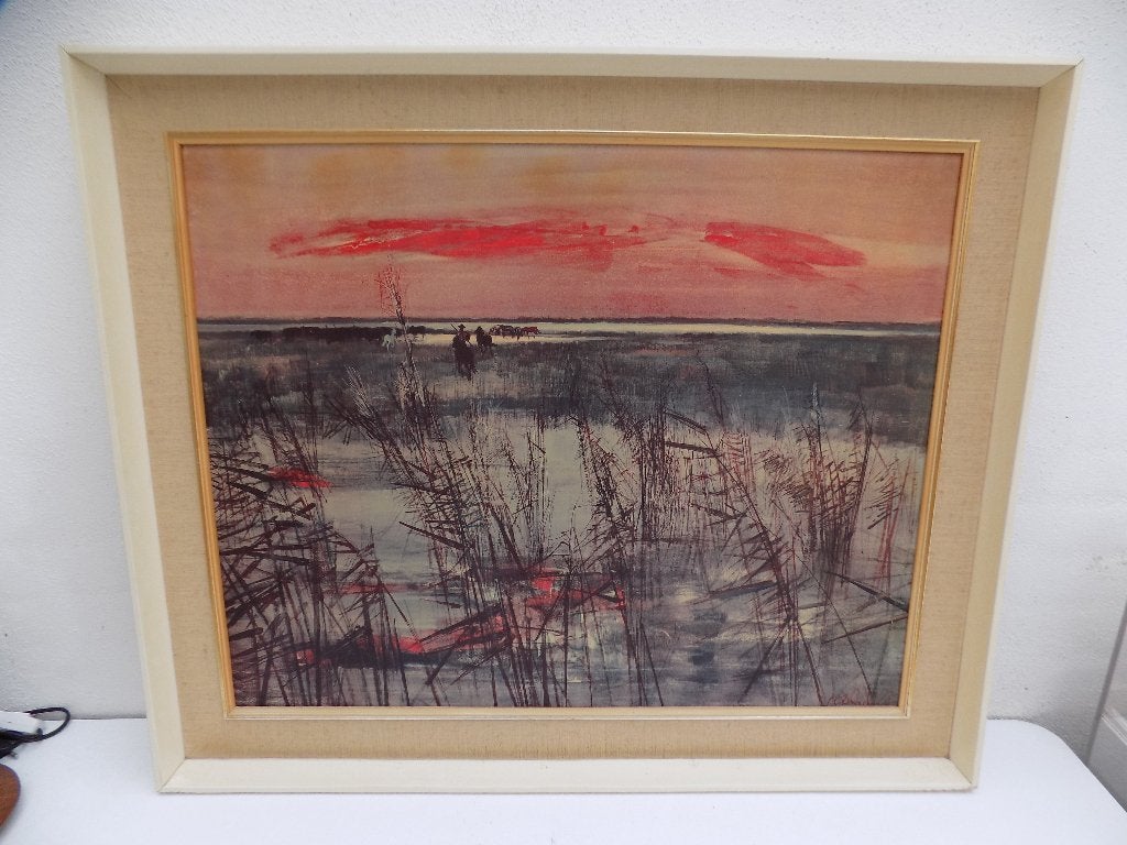 Jaren 60 schilderijlijst wanddecoratie rood ochtend zon, Ophalen, Gebruikt