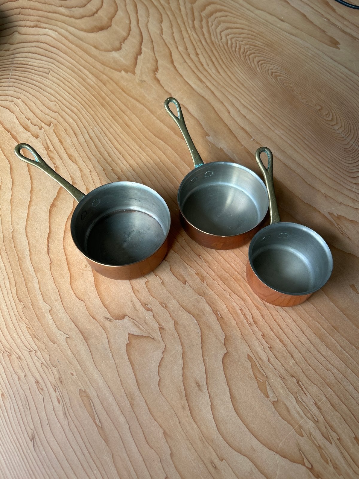 Set van 3 koperen pannetjes met messing handvatten, Ophalen of Verzenden