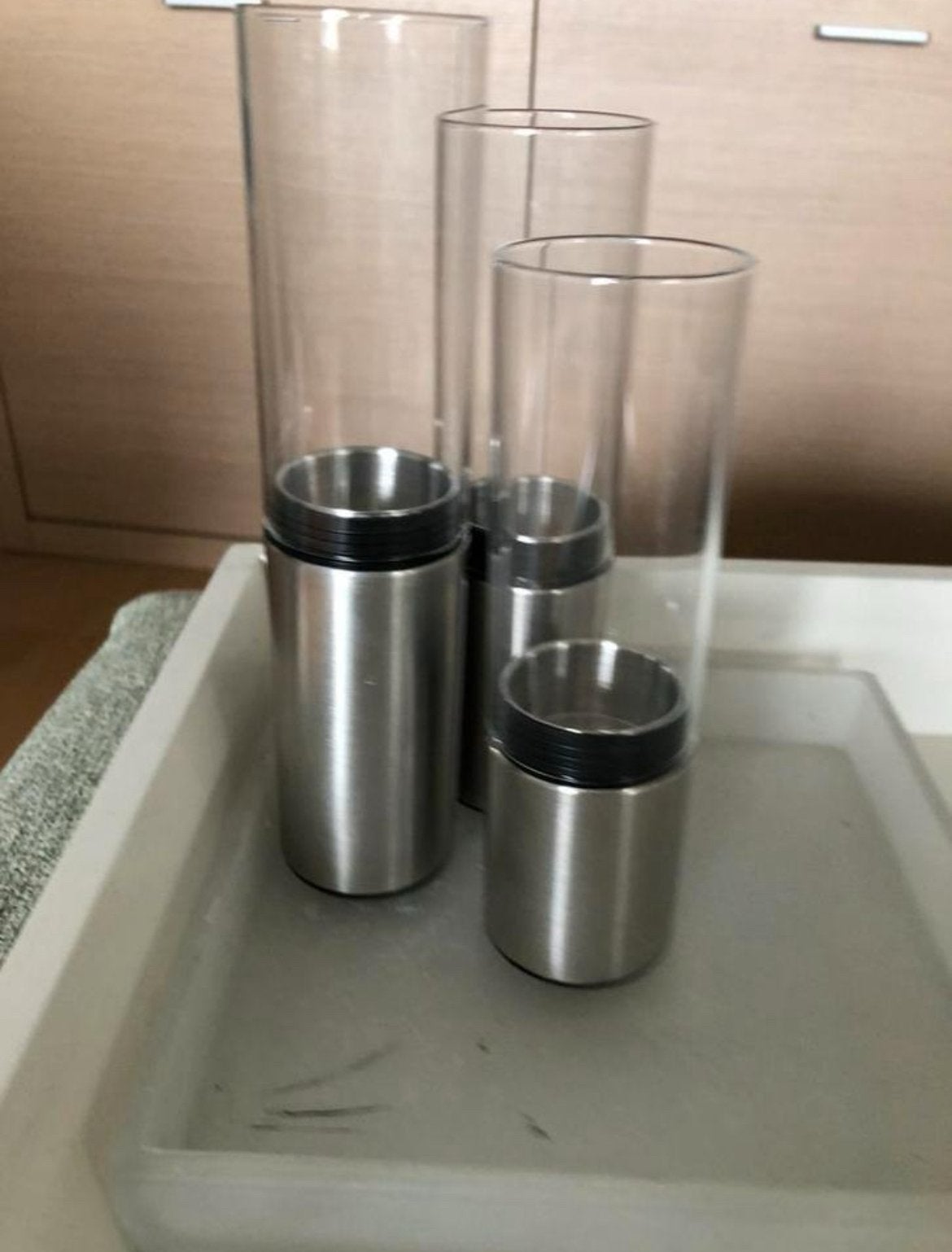 Nieuw in doos Blomus 3 delig metaal glas design houders, Overige materialen, Nieuw, Ophalen of Verzenden, Kandelaar