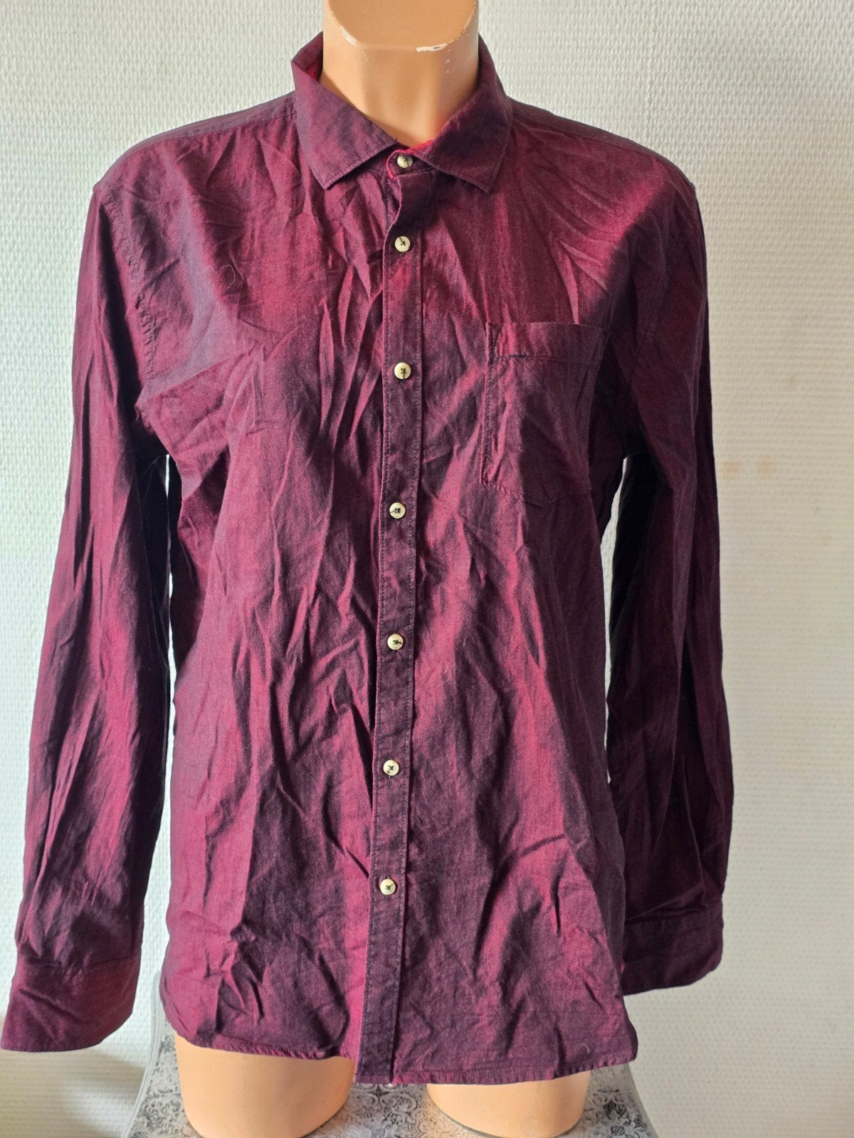 Smog Slim Fit Herenoverhemd Maat L - Bordeauxrood, Halswijdte 41/42 (L), Gedragen, Rood, Smog