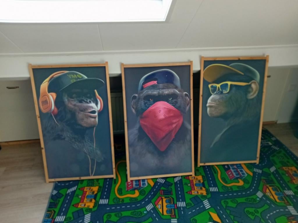 Drie unieke apen schilderijen, Antiek en Kunst, Kunst | Schilderijen | Klassiek, Ophalen of Verzenden
