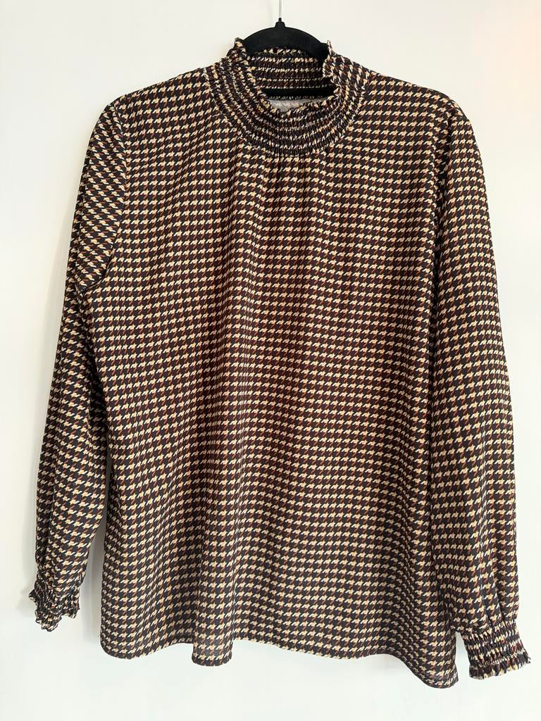 Blouse met pied-de-poule patroon, Ophalen of Verzenden, Gedragen, Maat 42/44 (L), Bruin