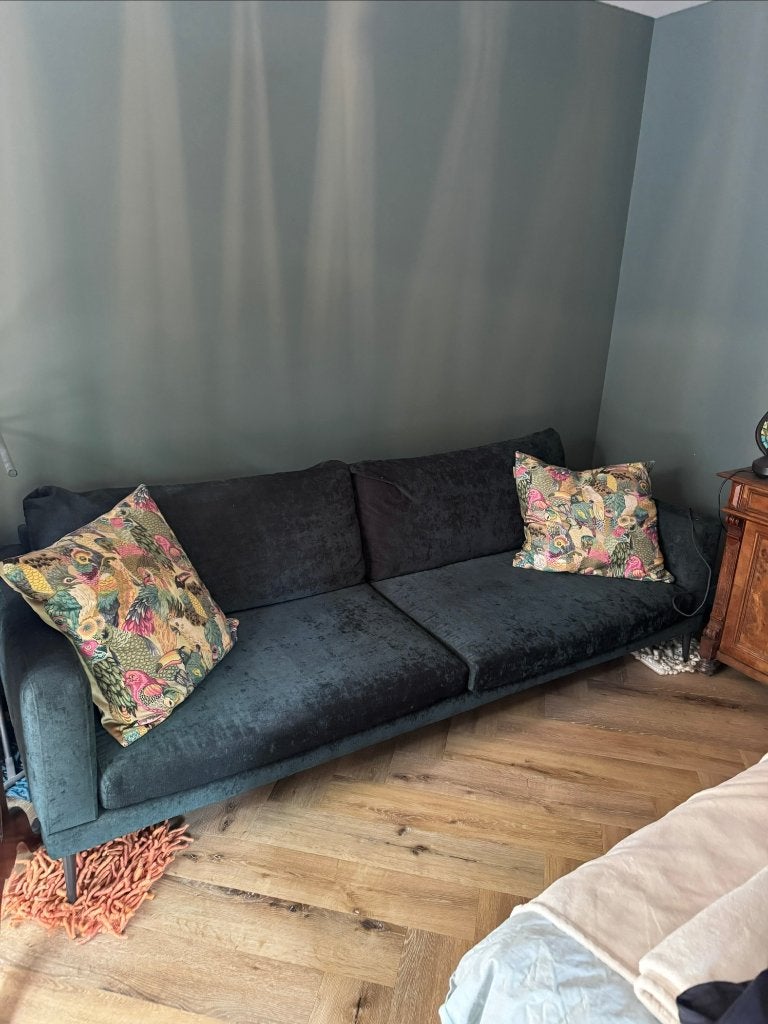 3-zit bankstel groen velours, incl Hocker, Ophalen, Driepersoons, 75 tot 100 cm, Zo goed als nieuw