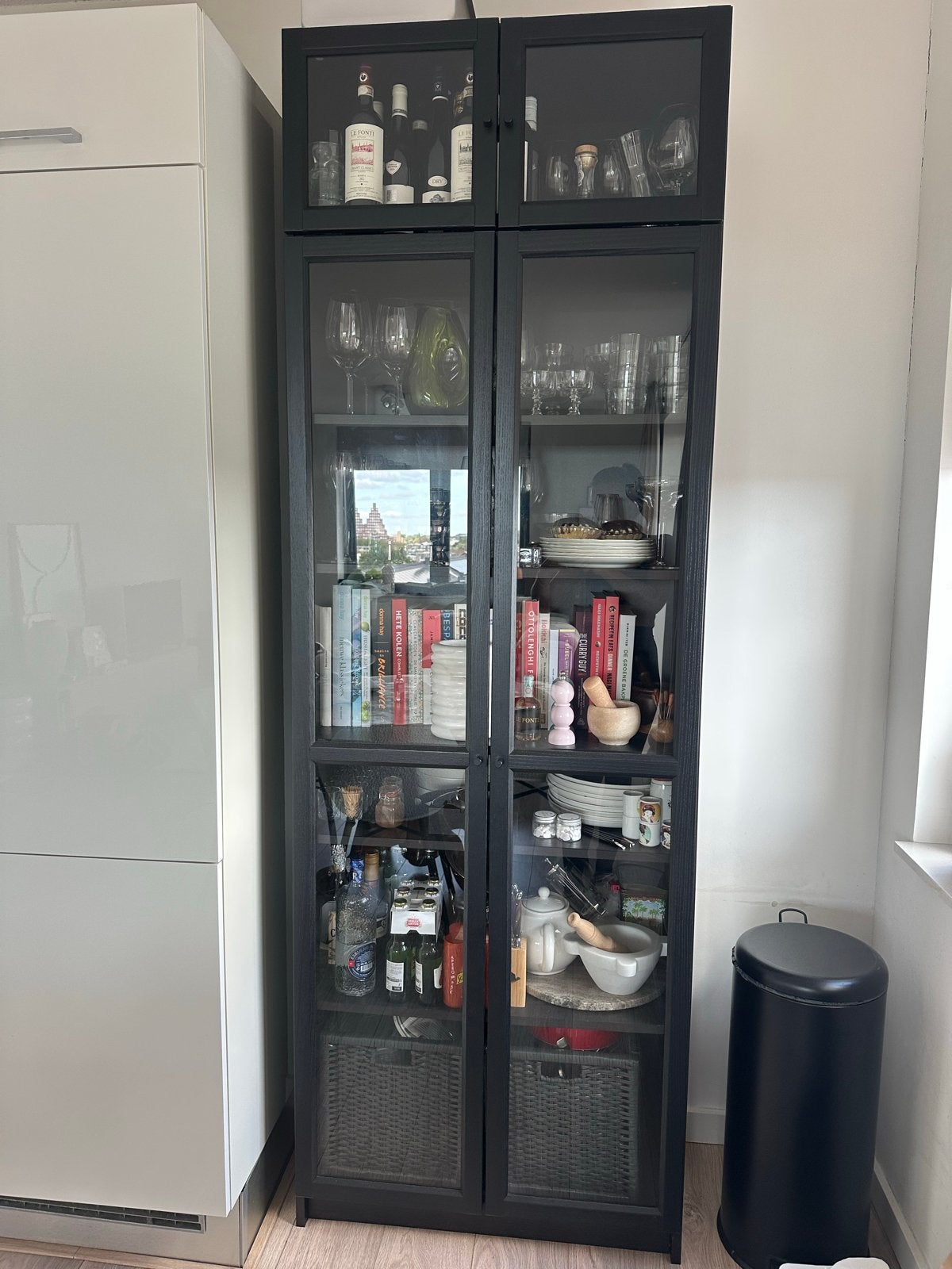 IKEA Billy Boekenkast met Oxberg glazen deuren, 237 cm, Huis en Inrichting, Ophalen, Gebruikt, 200 cm of meer, 50 tot 100 cm