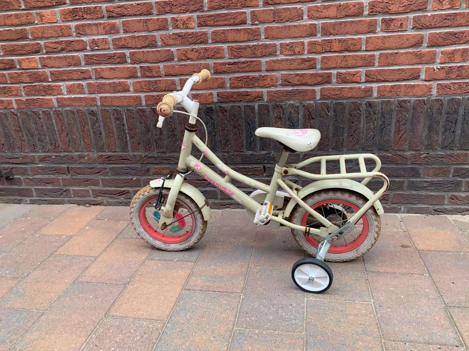 Kinderfiets met zijwieltjes - Crème/Roze, Ophalen, Zijwieltjes, Gebruikt, Velgrem