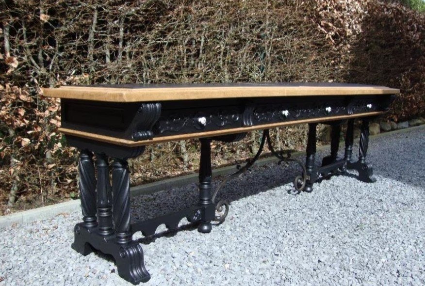 antieke long side tafel--fraaie smeedijzeren afwerkingen., Ophalen