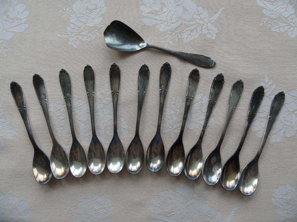 12x verzilverde lepeltjes + 1x suikerlepel - GN GERO 90, Ophalen of Verzenden