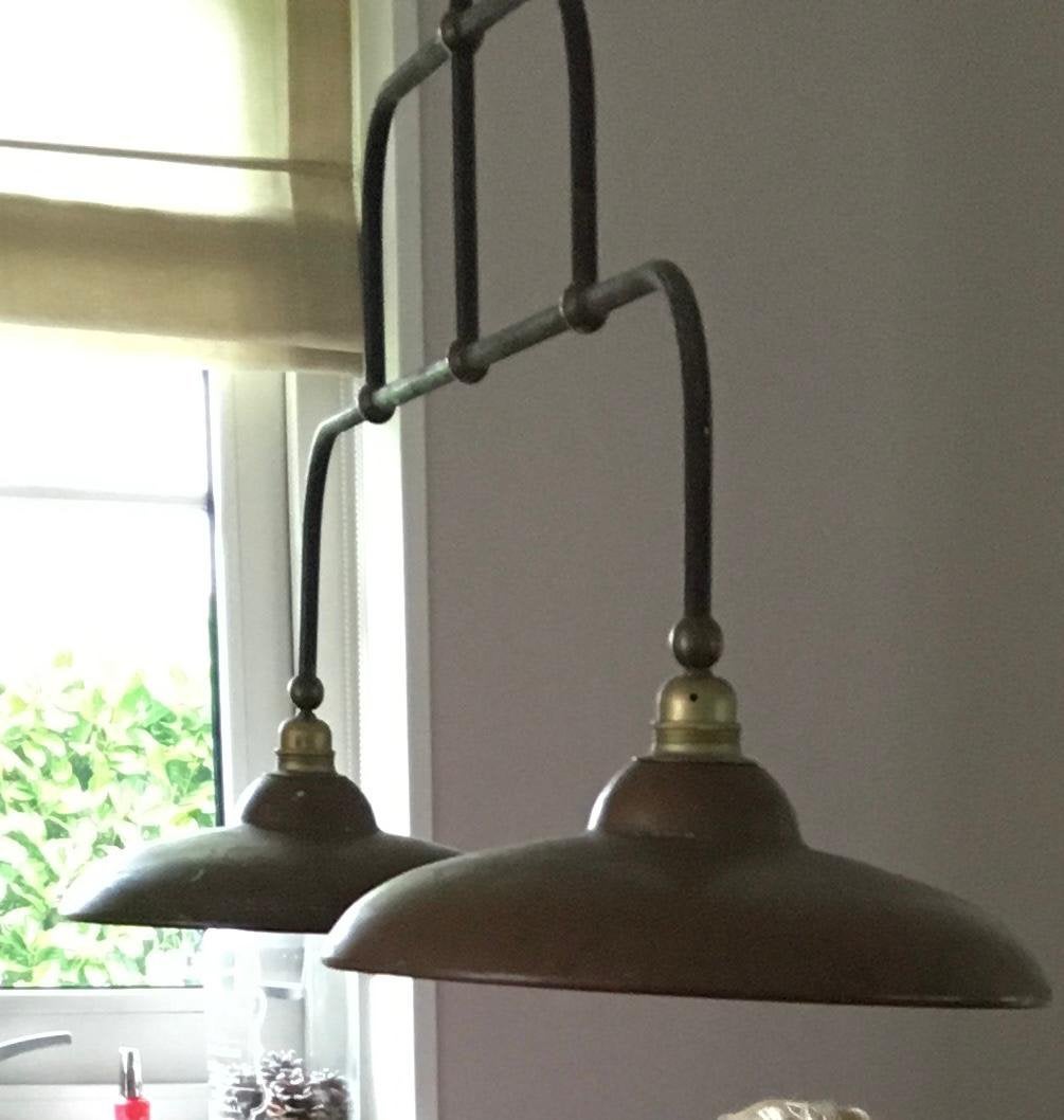 Vintage industriële koperen hanglamp met twee kappen, Ophalen