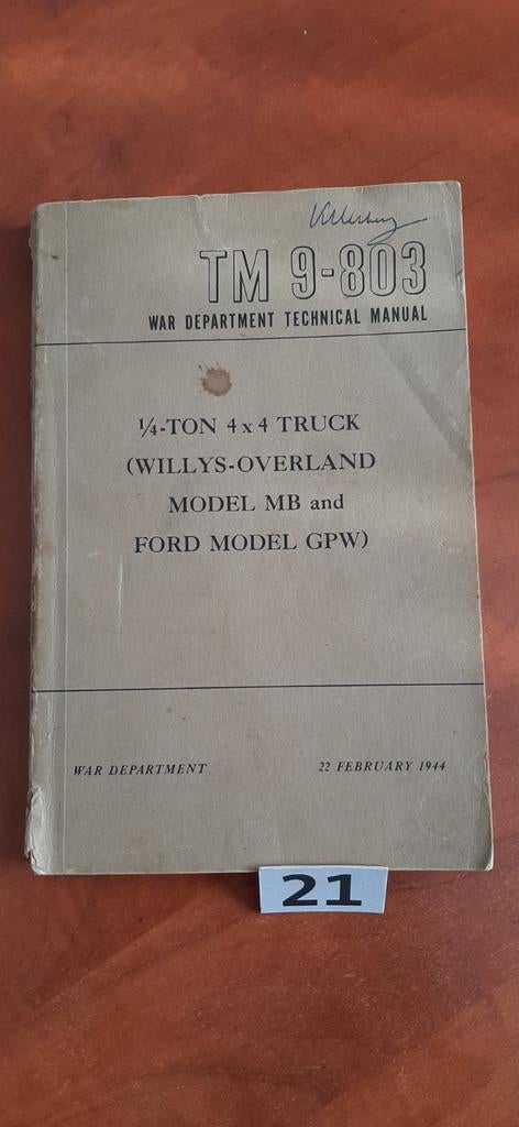 Handboek TM 9-803 WILLYS-OVERLAND  JEEP, Verzamelen, Militaria | Tweede Wereldoorlog, Ophalen of Verzenden, Landmacht, Amerika