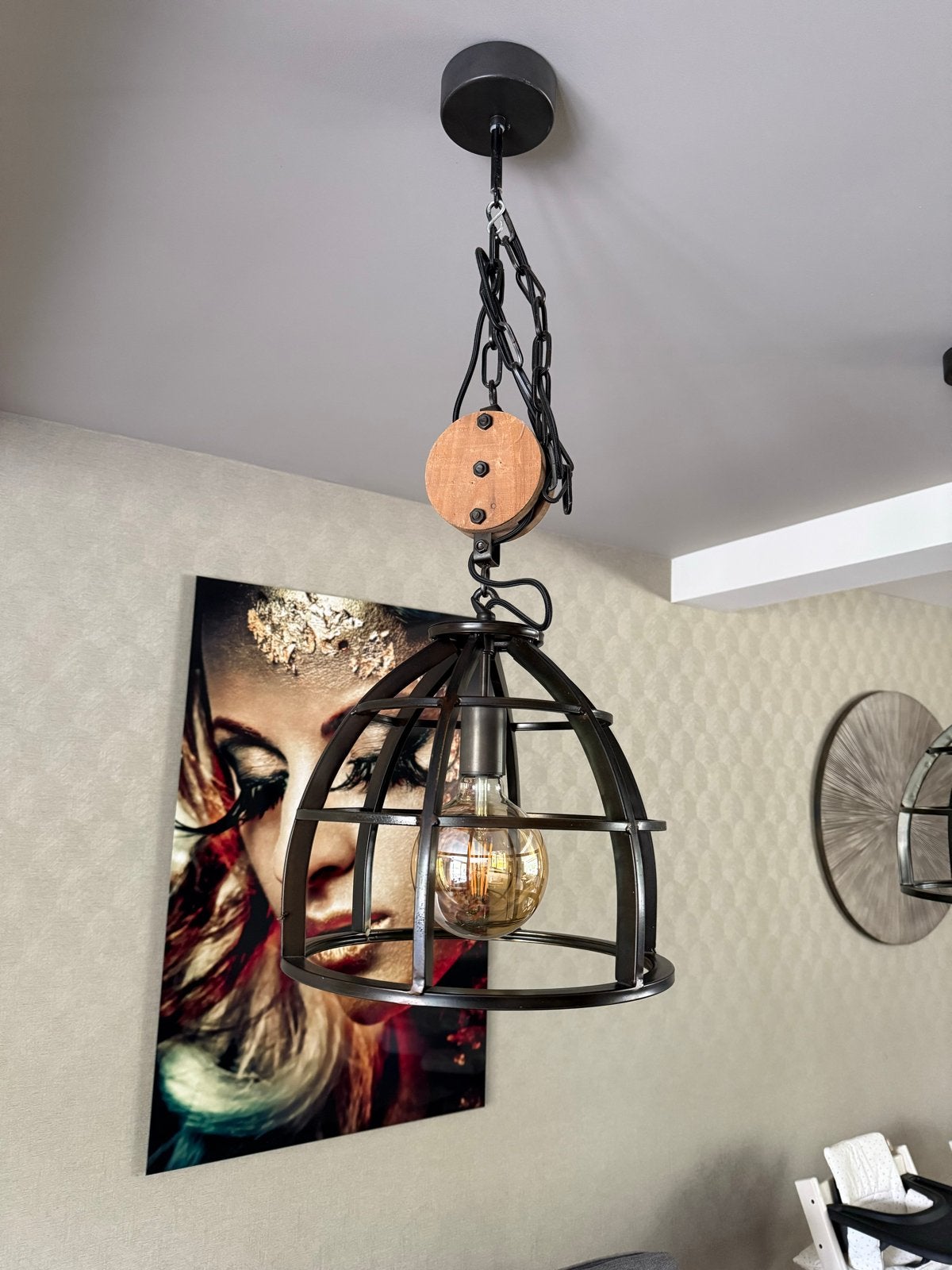 Industriële hanglampen met katrol (set van 2), Huis en Inrichting, Lampen | Hanglampen, Ophalen, Zo goed als nieuw, Metaal, E27 (groot)