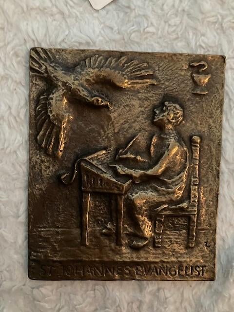 Wandplaquette St. Johannes – bronskleur, Antiek en Kunst, Curiosa en Brocante, Ophalen of Verzenden