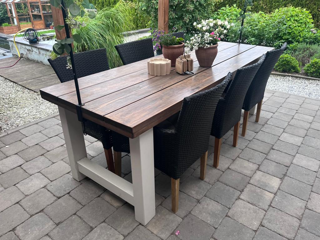 Houten tuintafel met 6 wicker stoelen, Tuin en Terras, Tuintafels, Ophalen, Gebruikt, Rechthoekig, Hout