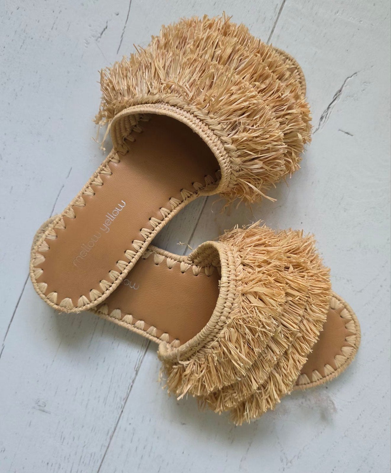 Mellow Yellow slippers raffia/leer 38, Verzenden, Beige, Zo goed als nieuw, Sandalen of Muiltjes