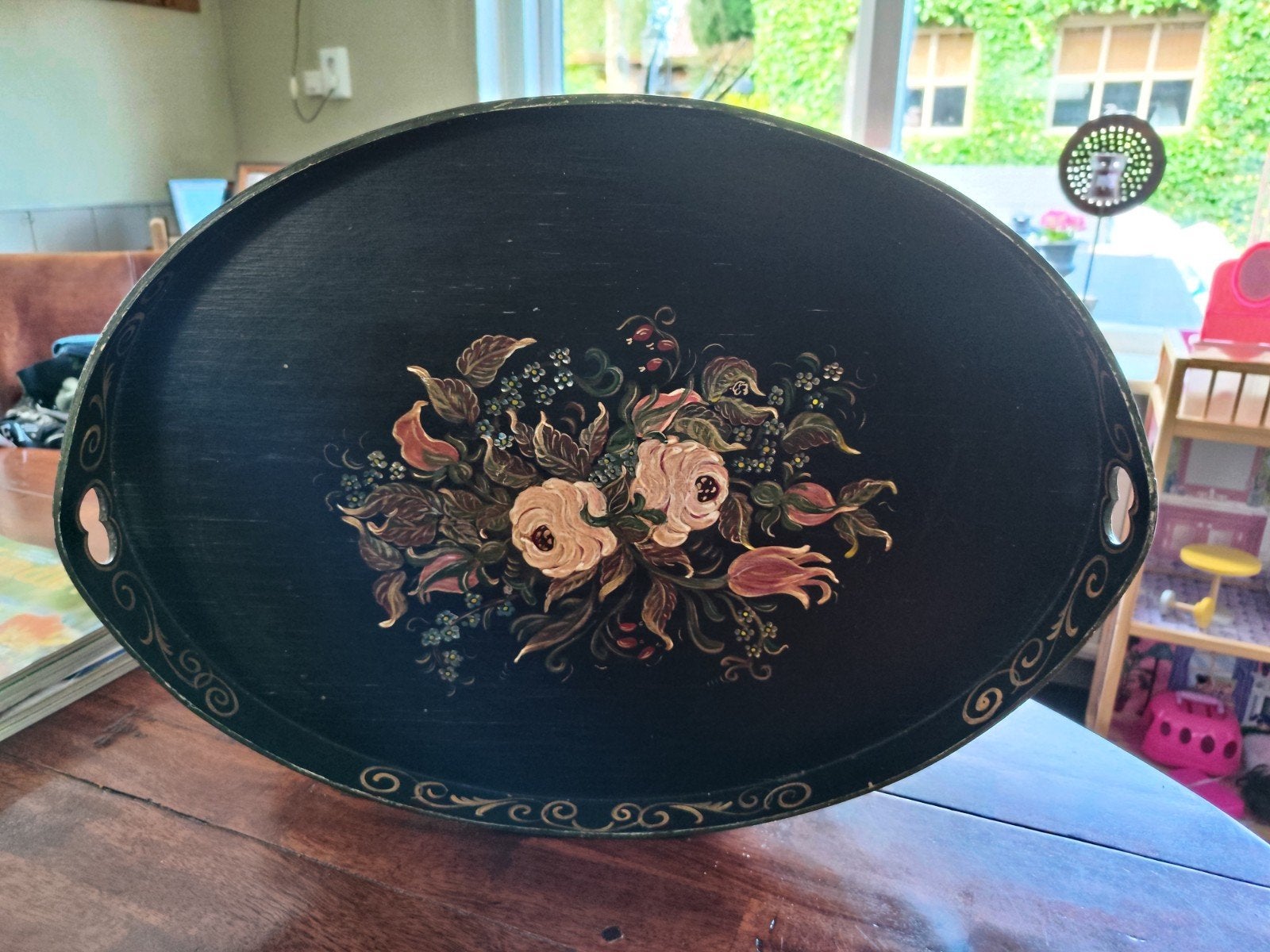 prachtig bloemen dienblad 🏵️, Ophalen of Verzenden, Zo goed als nieuw, Rond, Hout
