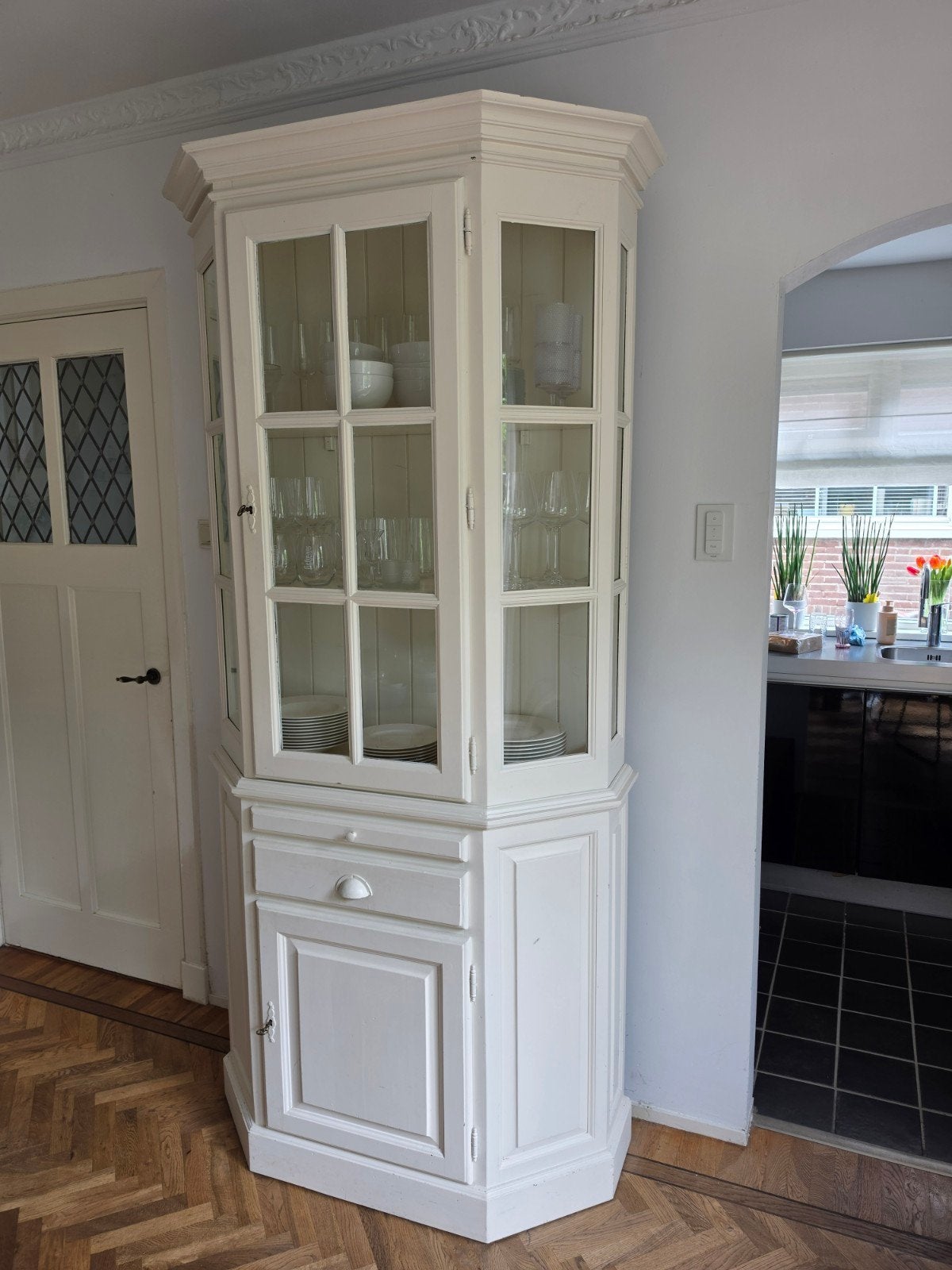 Crème witte vitrine- buffetkast - 225x100 cm, Ophalen, 100 tot 150 cm, Glas, Klassiek, Landelijk
