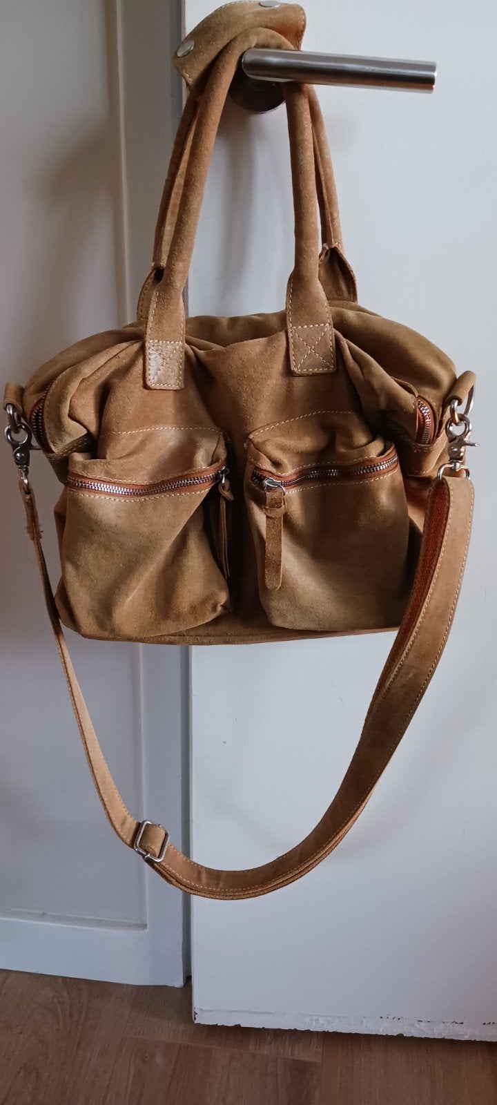 Micmac suède handtas/schoudertas - camelkleurig, Ophalen of Verzenden, Gebruikt, Bruin, Handtas