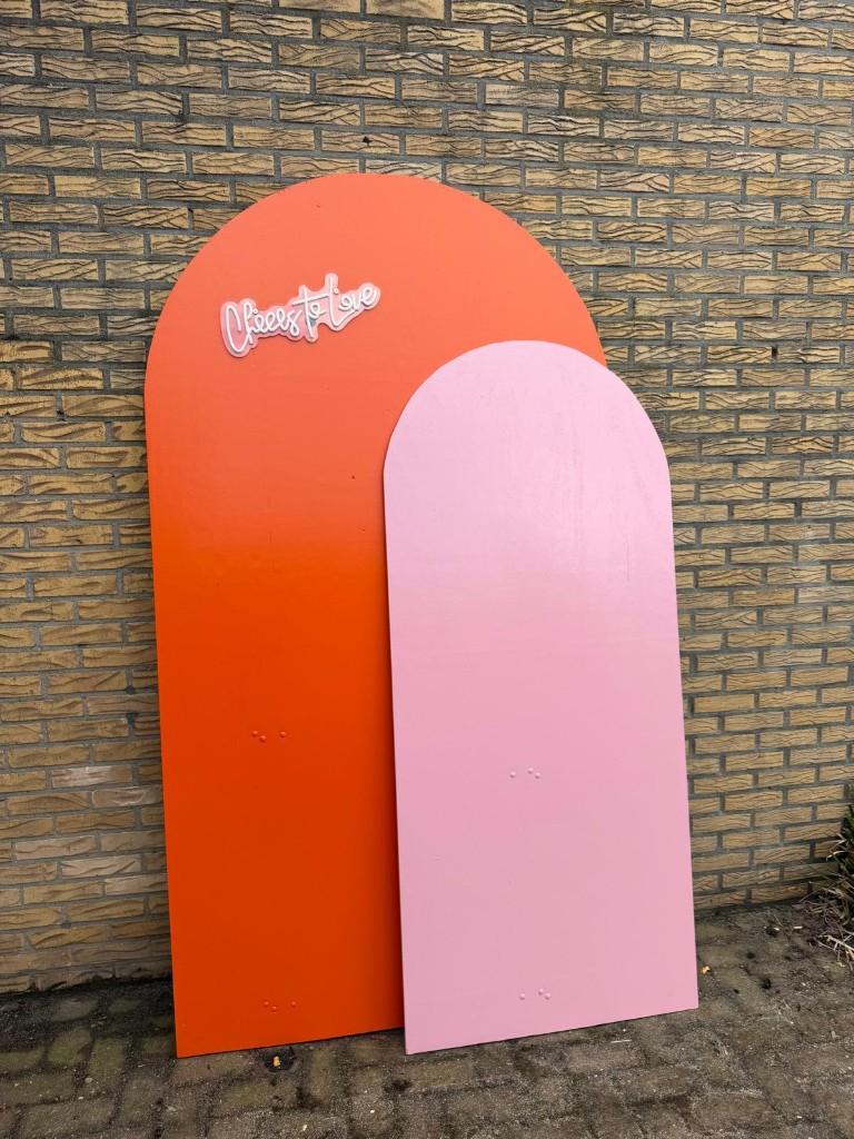 Backdrop oranje & roze met lichtletters, Ophalen, Gebruikt, Versiering, Geboorte of Huwelijk