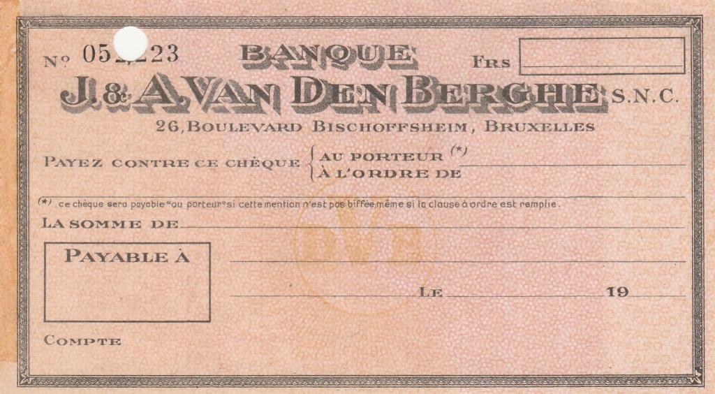 J .& .A VAN DEN BERGHE BANQUE BRUXELLES CHEQUE 1900-1999, Verzamelen, Ophalen of Verzenden, Gebruikt