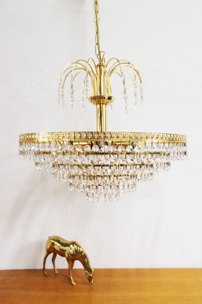 Grote vintage kroonluchter. Gouden Hollywood Regency lamp, Ophalen, O, O, Vintage, retro , klassiek, eclectisch, hollywood regency