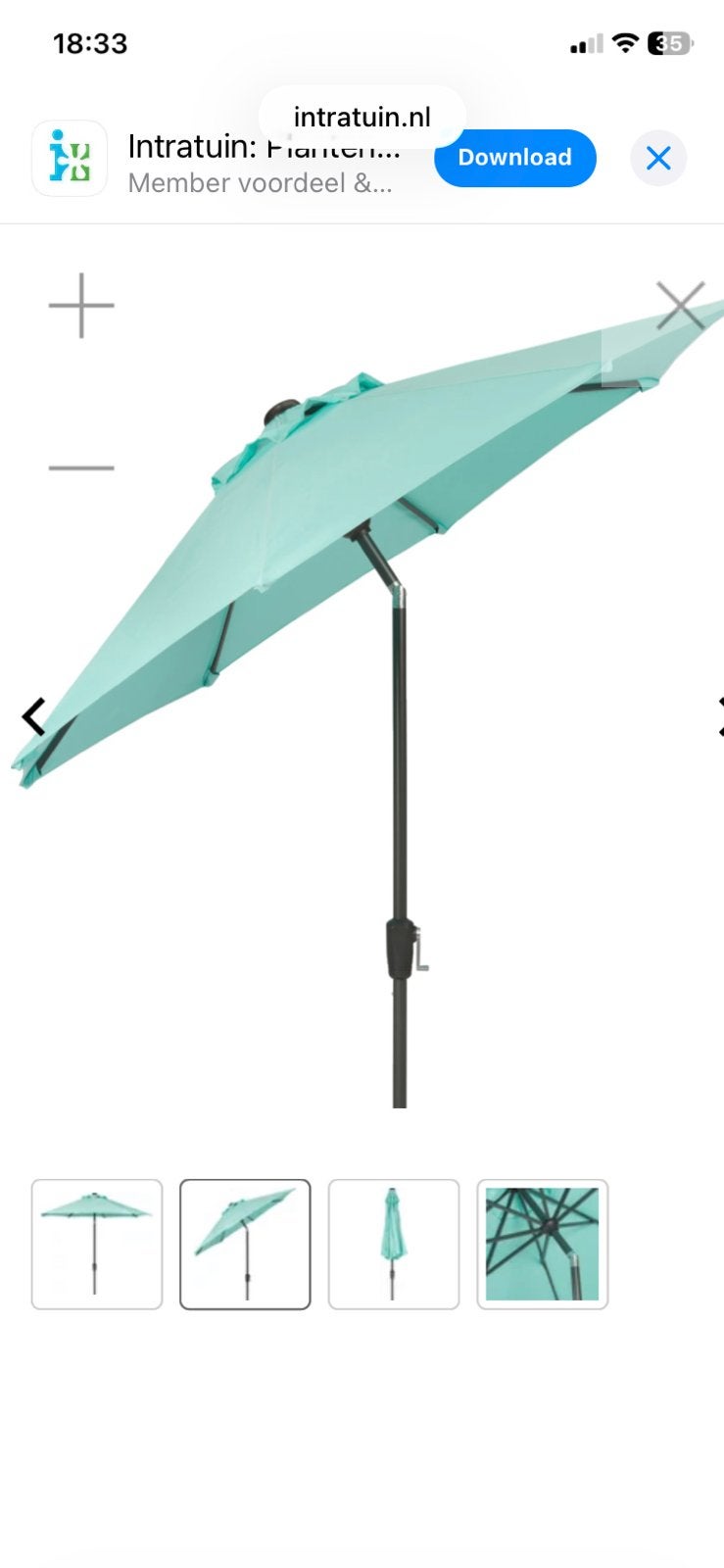 Parasol + voet(beton 25kg), Tuin en Terras, Parasols, Ophalen, Kantelbaar, 2 tot 3 meter, Zo goed als nieuw