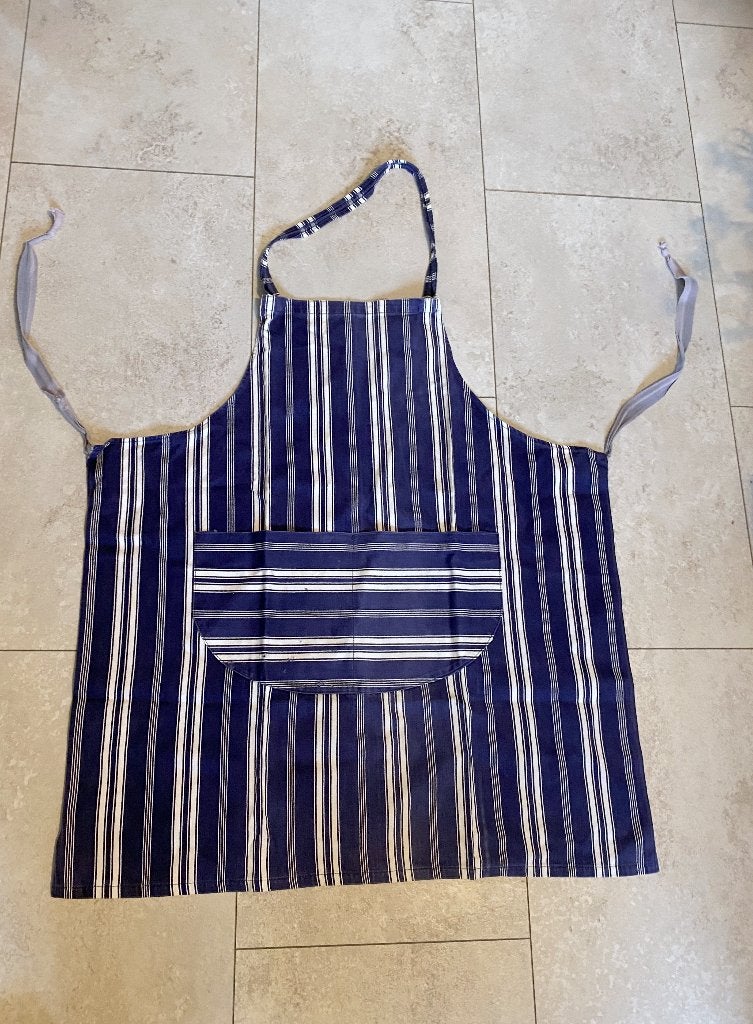 vintage keukenschort blauw-wit gestreept / 1 crème schort, Blauw, Met zakken, Ophalen of Verzenden, Zo goed als nieuw