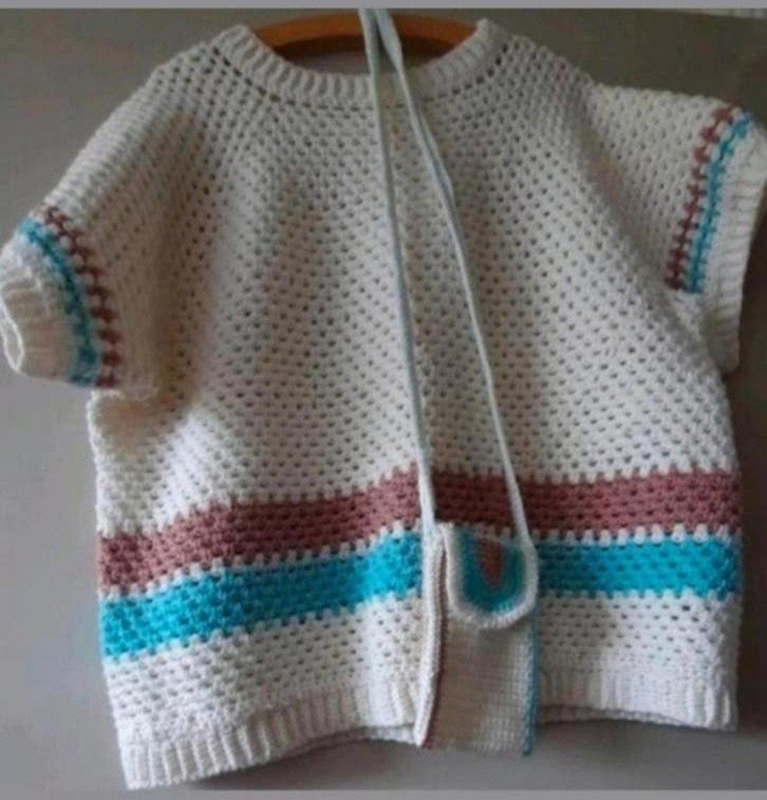 Gehaakte trui met strepen en bijpassend tasje, Kleding | Dames, Truien en Vesten, Wit, Maat 46/48 (XL) of groter, Ophalen of Verzenden