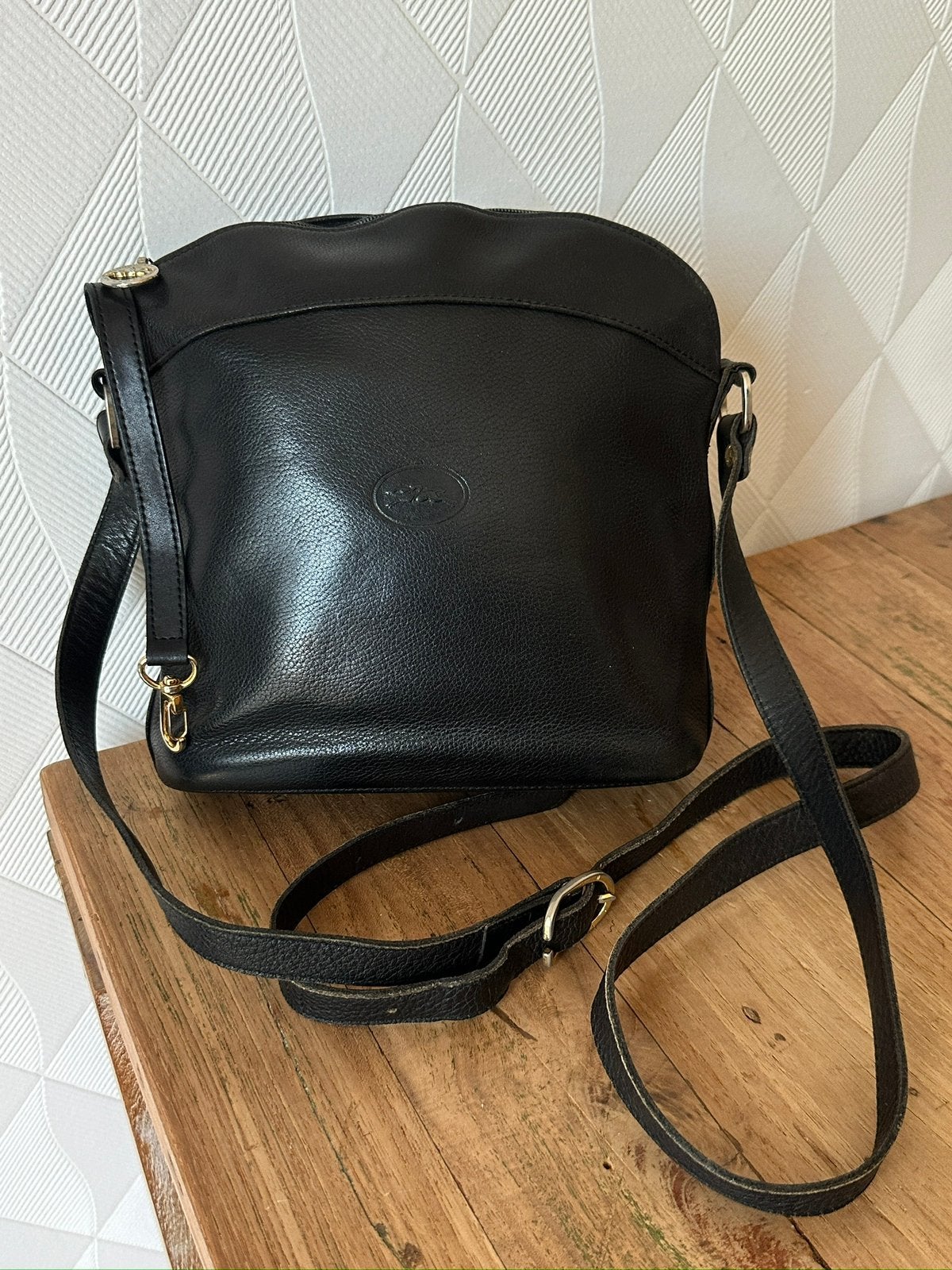 Originele Longchamp tas, lange draagriem, leer, Overige merken, Gebruikt, Zwart, Ophalen of Verzenden