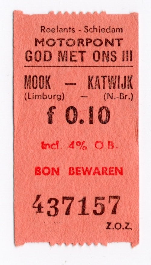 Oud toegangskaartje Motorpont Mook - Katwijk veerboot Maas, Ophalen of Verzenden, Zo goed als nieuw