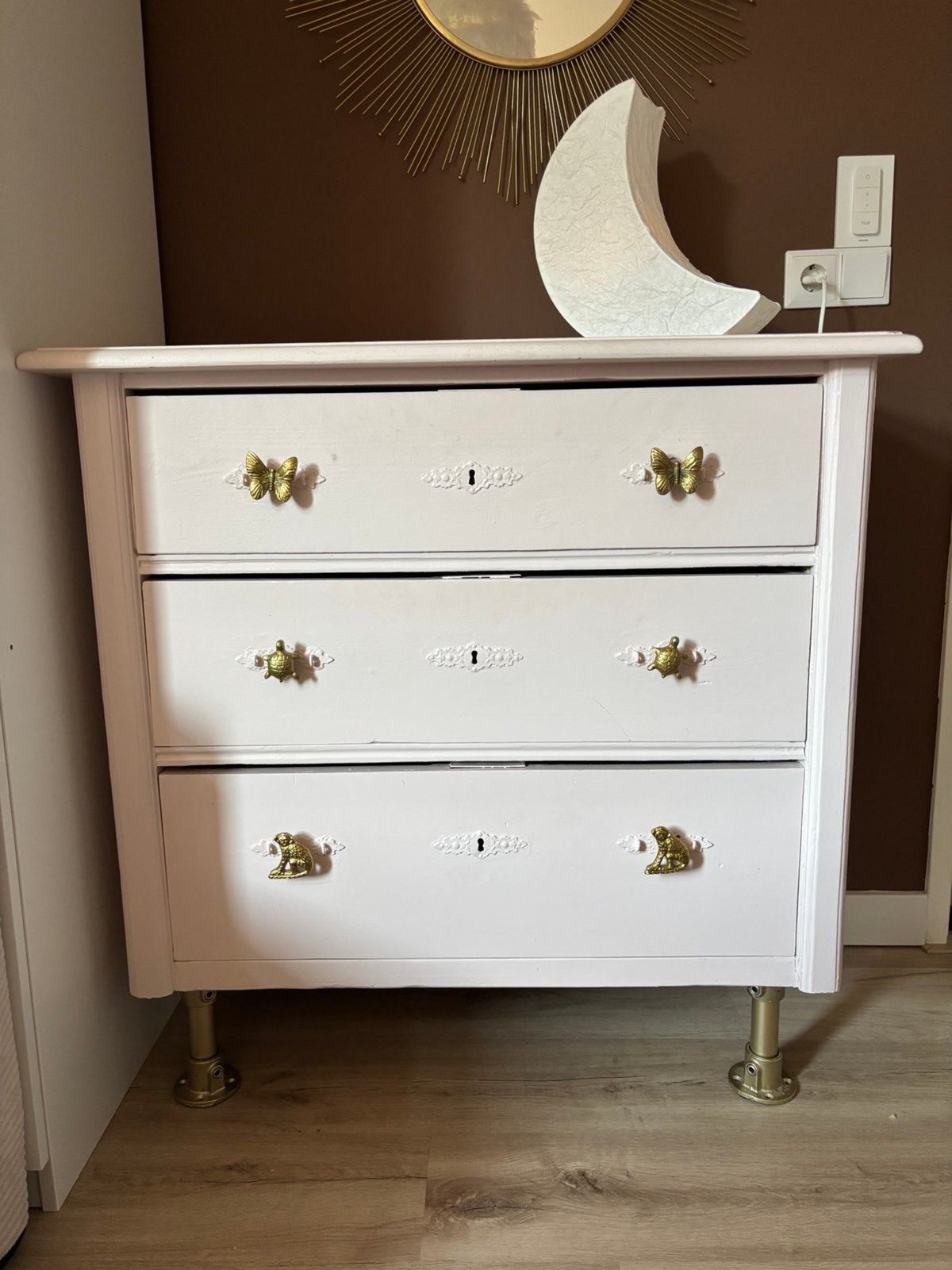 Lichtroze Brocante Ladekast/Commode - hout - 3 lades, Ophalen, Gebruikt, 75 tot 100 cm, Voetruimte
