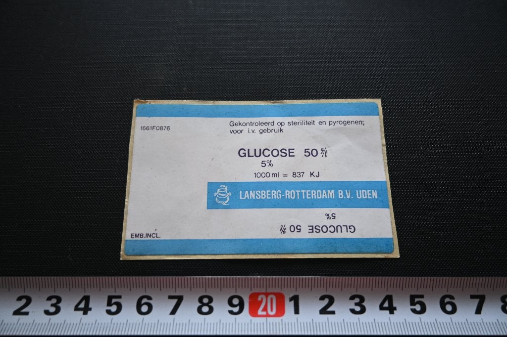 sticker uden lansberg-rotterdam bv glucose 5% 50g/l, Verzamelen, Ophalen of Verzenden, Zo goed als nieuw