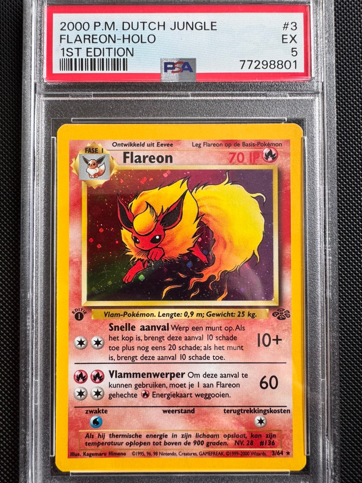 1st edition - Flareon Jungle 3/64 Holo Dutch/Nederlands PSA5, Hobby en Vrije tijd, Ophalen, Zo goed als nieuw