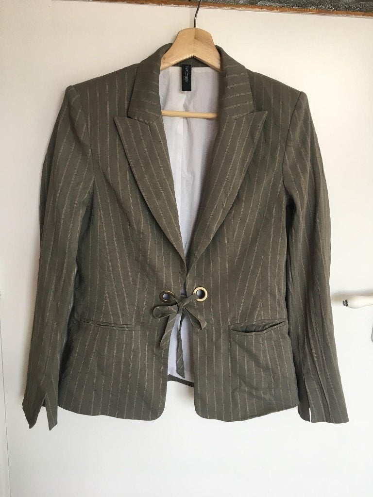 MarcCain grijze linnen blazer gestreept maat 3/38, Maat 38/40 (M), MarcCain, Service@marc-cain.com, Ophalen of Verzenden