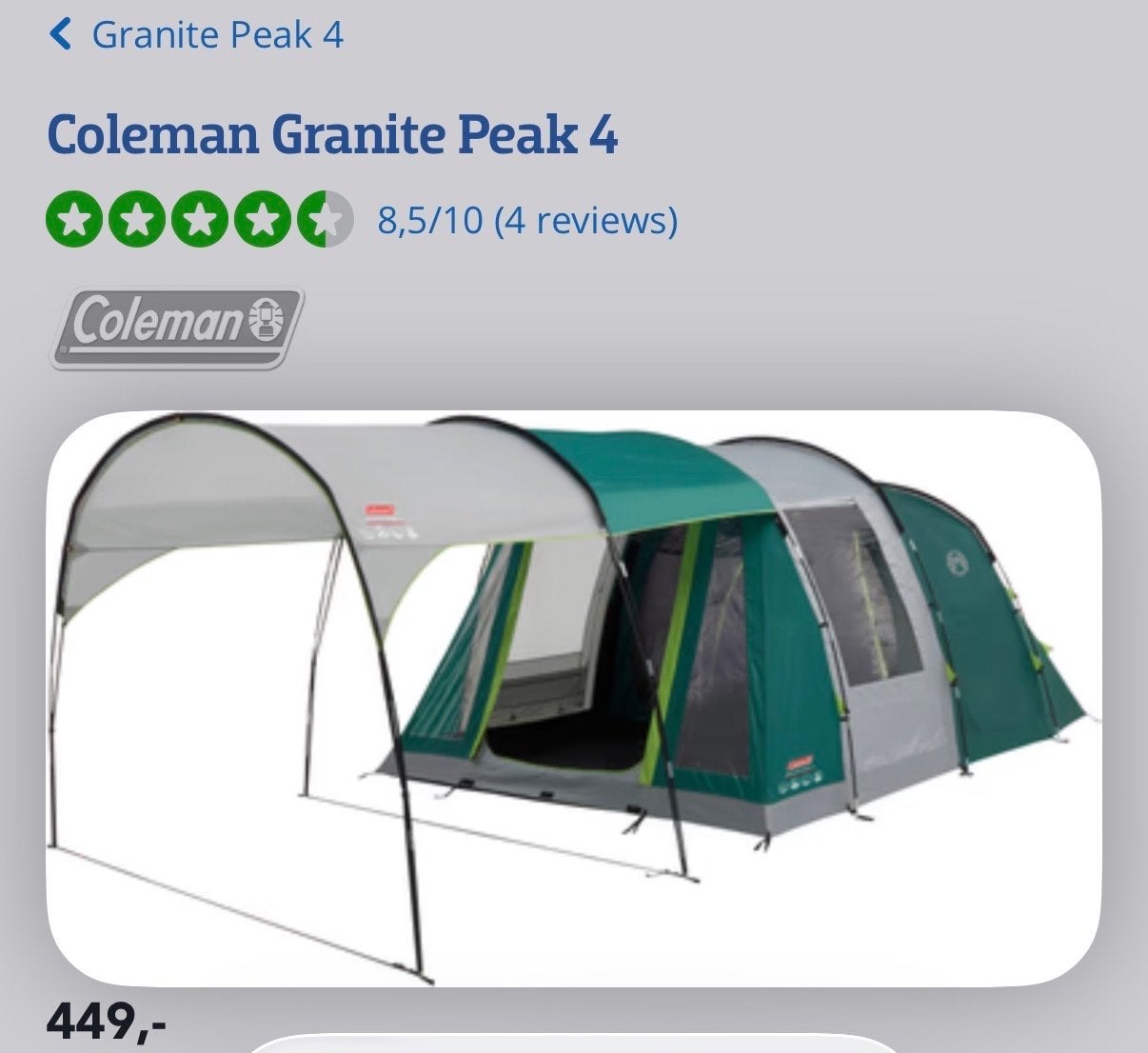 Coleman Granite Peak 4 tent - zo goed als nieuw, Ophalen, Zo goed als nieuw, Tot en met 4