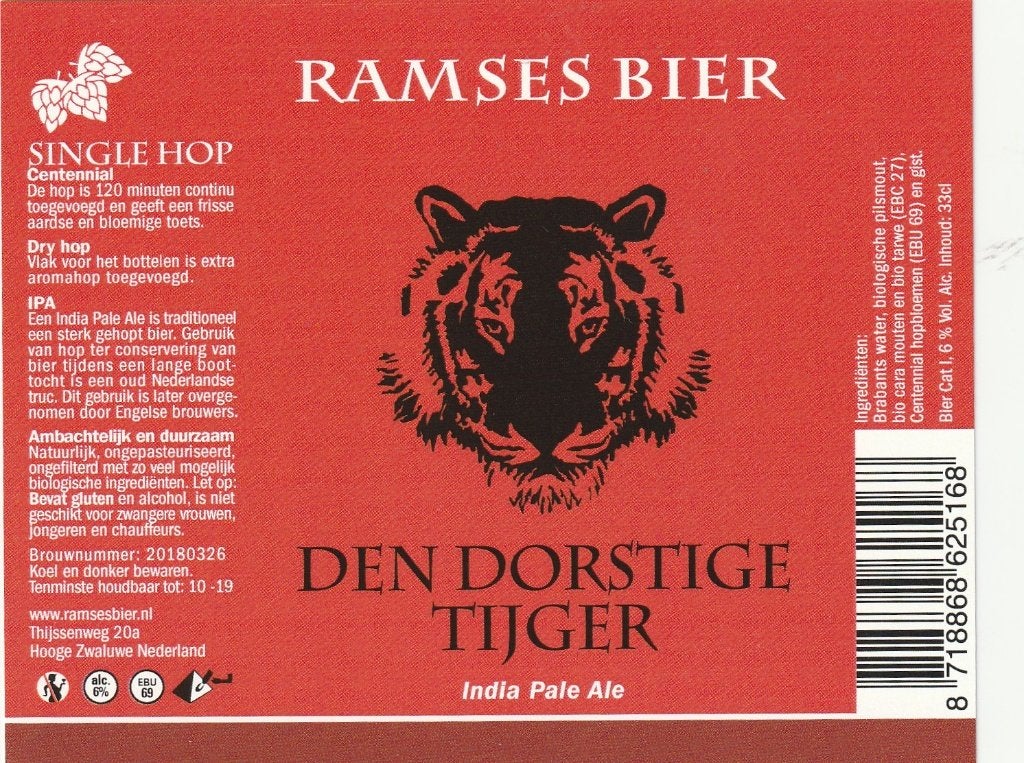 bieretiket Nederland Ramses Den Dorstige Tijger (b), Verzamelen, Verzenden, Nieuw, Overige typen, Overige merken