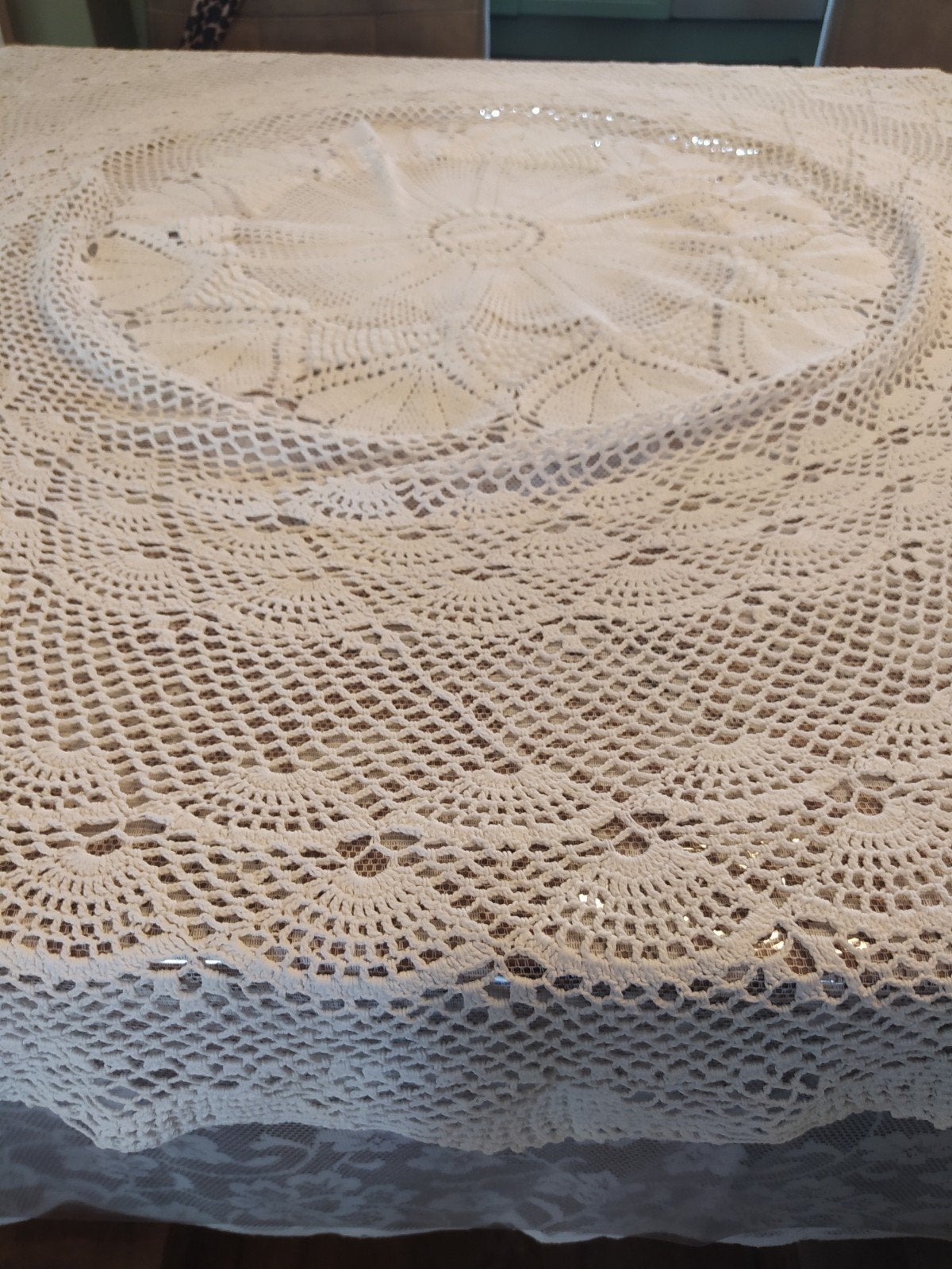 Handgehaakt rond tafelkleed, wit, vintage, Gebruikt, Rond, Ophalen of Verzenden, Katoen