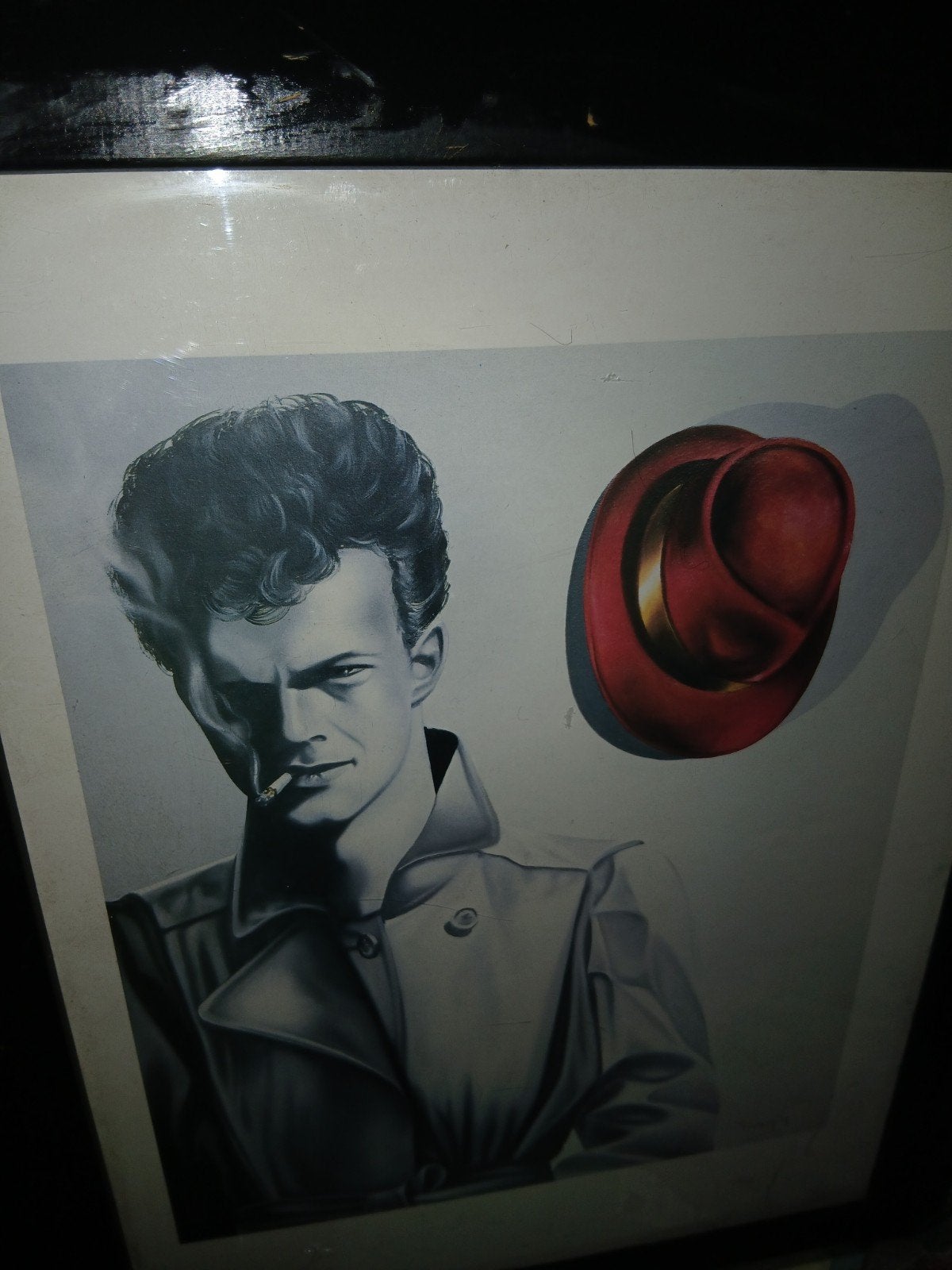 Vintage prent van man met sigaret en hoed, gesigneerd, Antiek en Kunst, Ophalen of Verzenden, Print, Prent, Gesigneerd