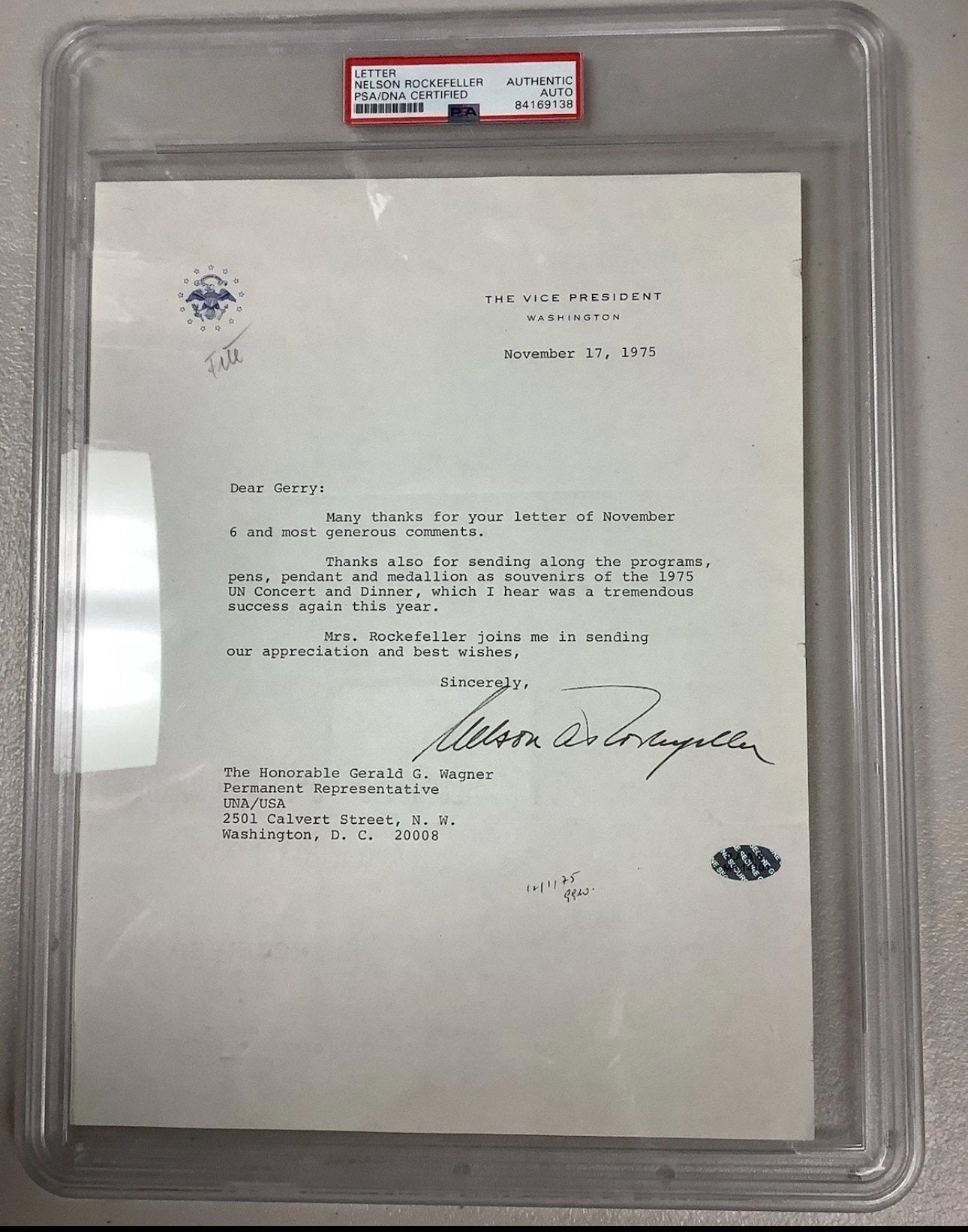 Gesigneerde Brief Nelson A. Rockefeller Vice President 1975, Ophalen of Verzenden