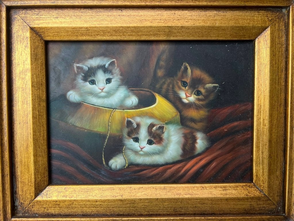 Olieverf Schilderij met 3 kittens, Antiek en Kunst, Kunst | Schilderijen | Klassiek, Ophalen, Ingelijst, Doek, Realistisch