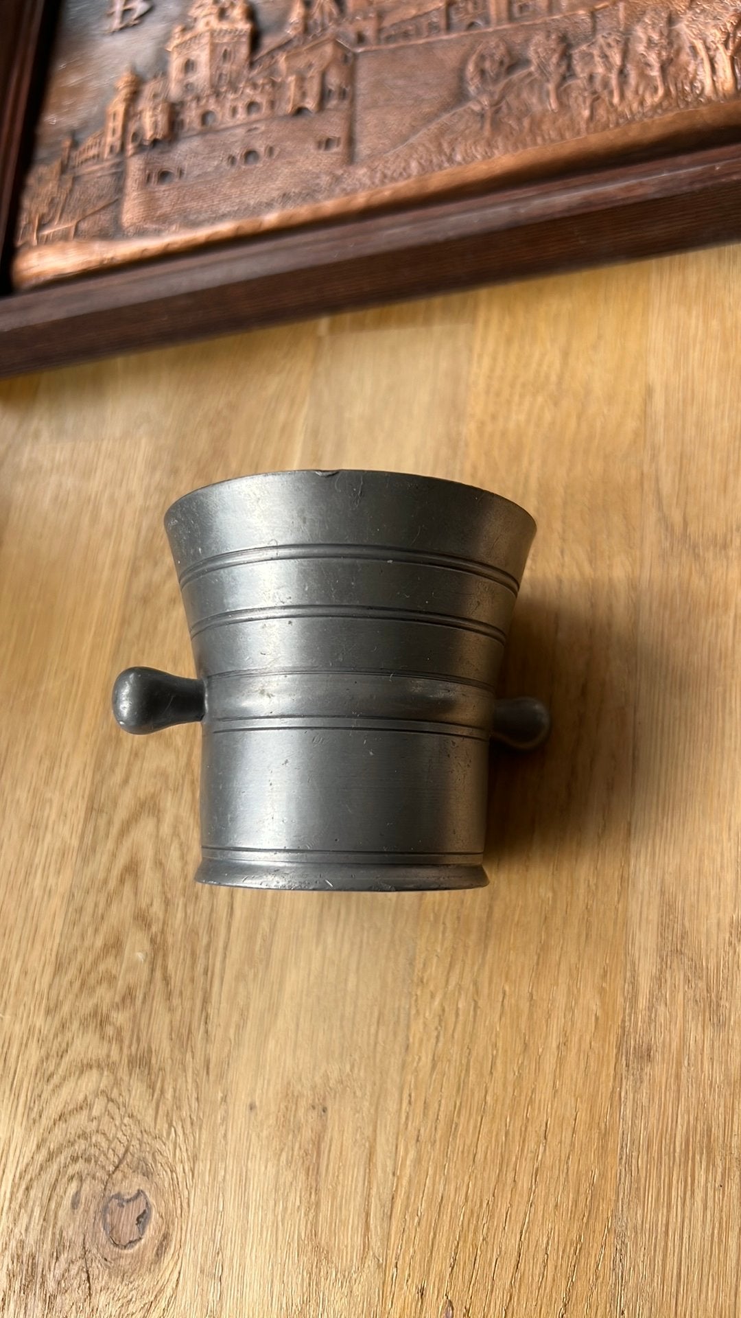 Tinnen vintage vijzel met stamper, Antiek en Kunst, Ophalen