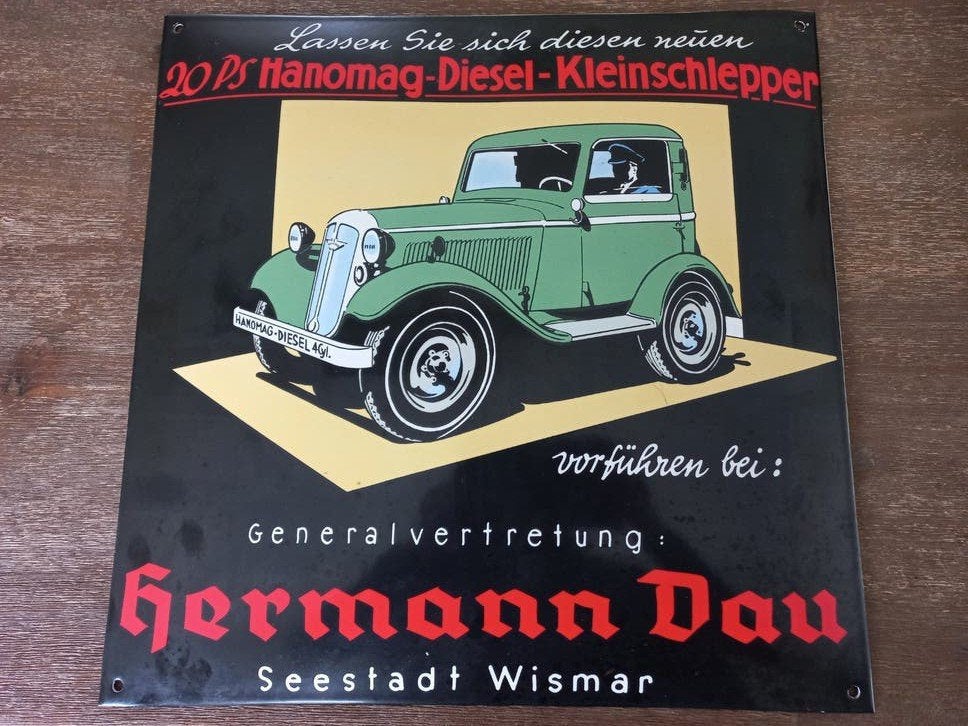 Hanomag-Diesel-schlepper Reclamebord emaille, Verzamelen, Ophalen, Gebruikt, Reclamebord
