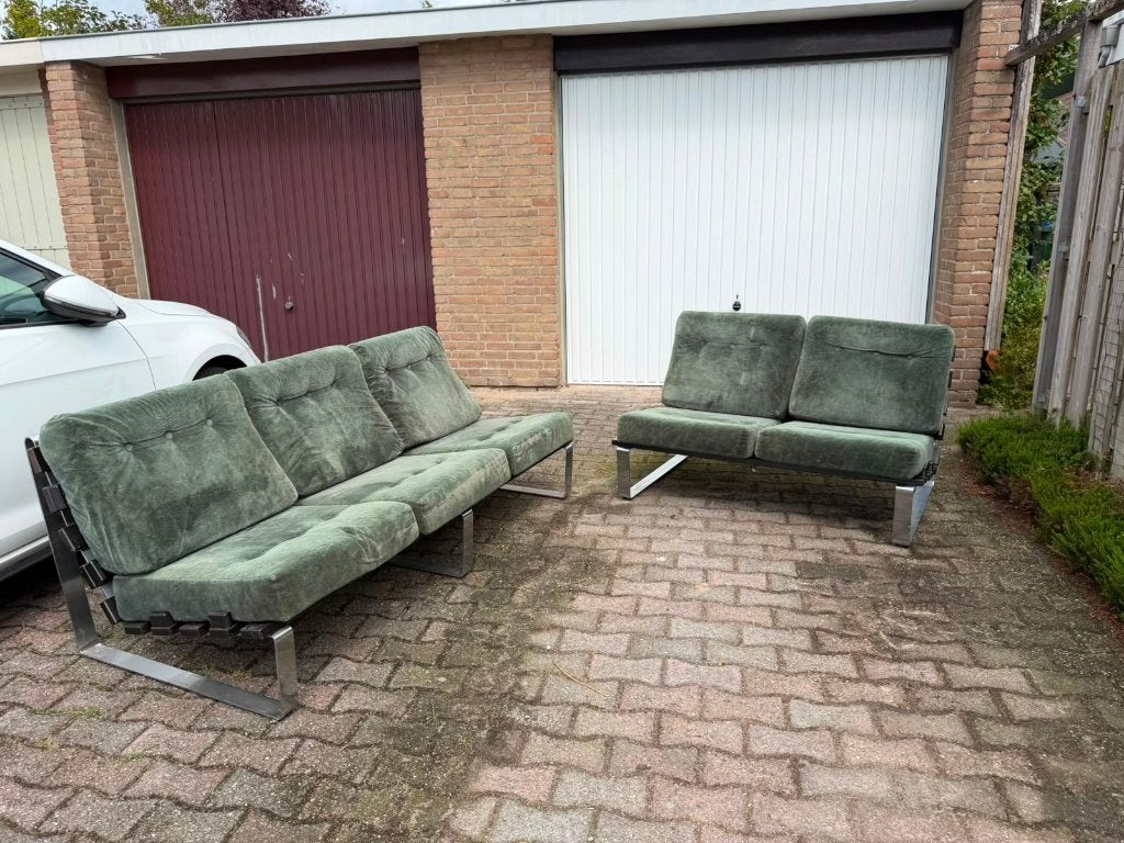 Jaren '70 bankstel zwart, groengrijze kussens, Ophalen, Gebruikt, Minder dan 75 cm, 150 tot 200 cm