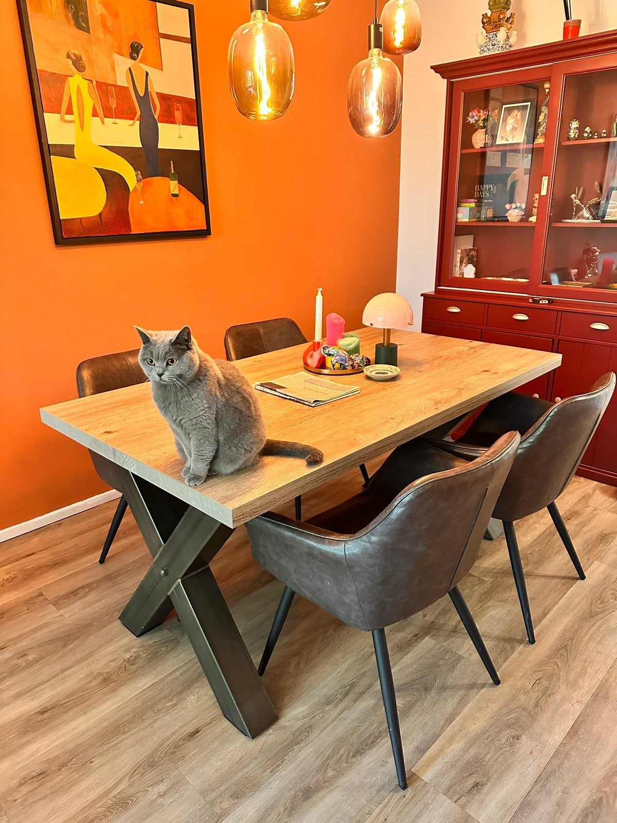 4 industriele eetkamerstoelen vintage lederlook donkerbruin, Huis en Inrichting, Stoelen, Ophalen, Gebruikt, Bruin, Leer