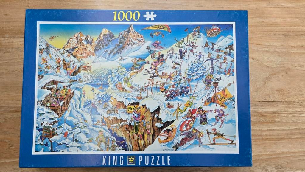 King Puzzle 1000 stukjes - Wintersport Comic, Ophalen of Verzenden, 500 t/m 1500 stukjes, Zo goed als nieuw, Legpuzzel