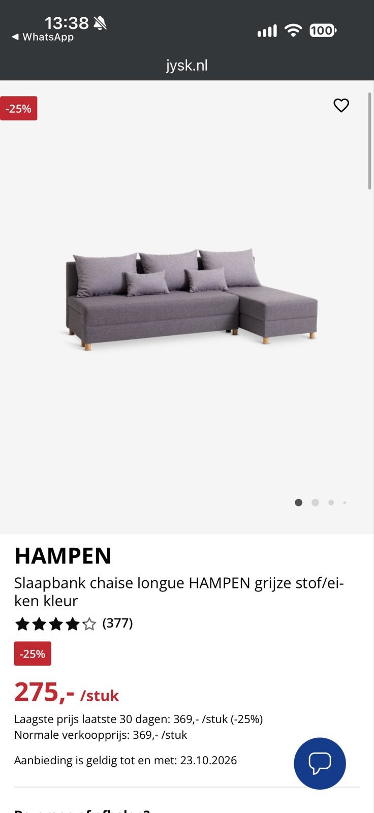 JYSK HAMPEN slaapbank met chaise longue en opbergruimte, Ophalen, Zo goed als nieuw, Driepersoons, Stof