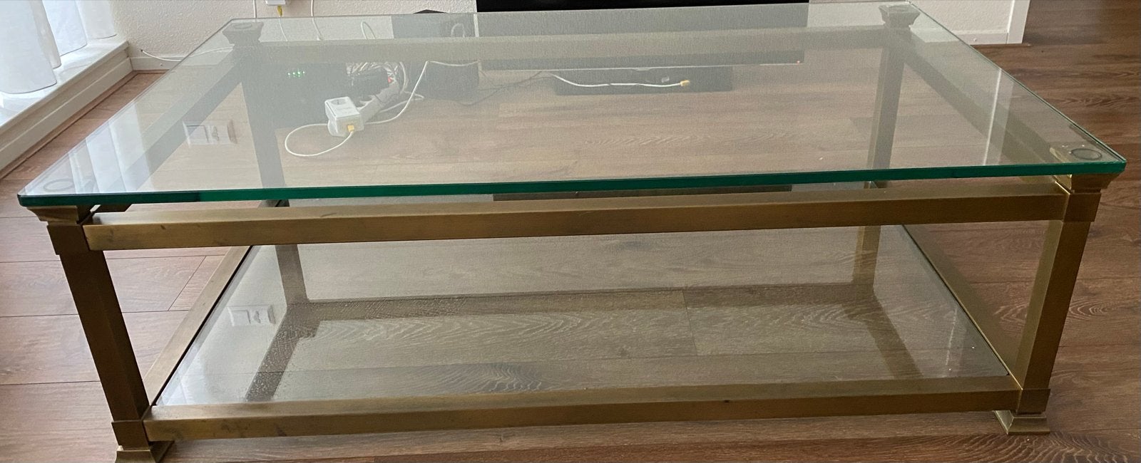 Salontafel met messing frame en glazen bladen, Ophalen, Gebruikt