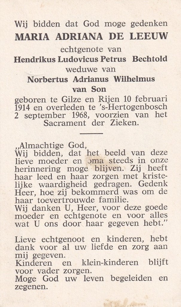 Leeuw Maria 1914 Gilze Rijen 1968 Den Bosch, Ophalen of Verzenden, Bidprentje