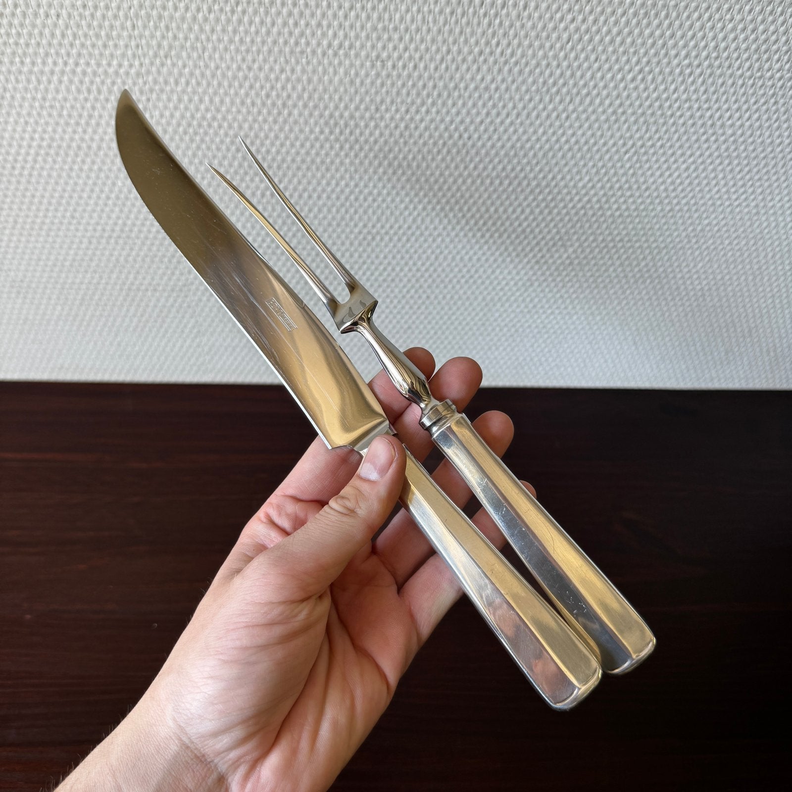 Verzilverd Haags Lofje 2 Delig Trancheercouvert, Mes en Vork, Antiek en Kunst, Ophalen of Verzenden